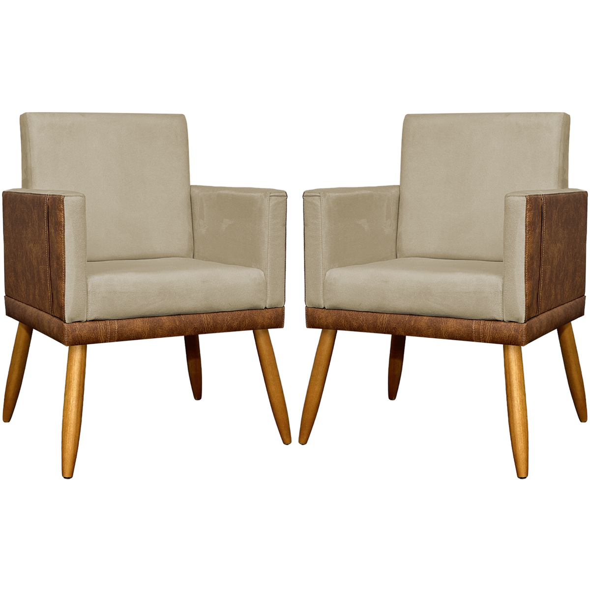 Kit 2 Poltronas Decorativa Para Sala Recepção Consultório Cadeira Lis Corino Peroba e Suede Nude