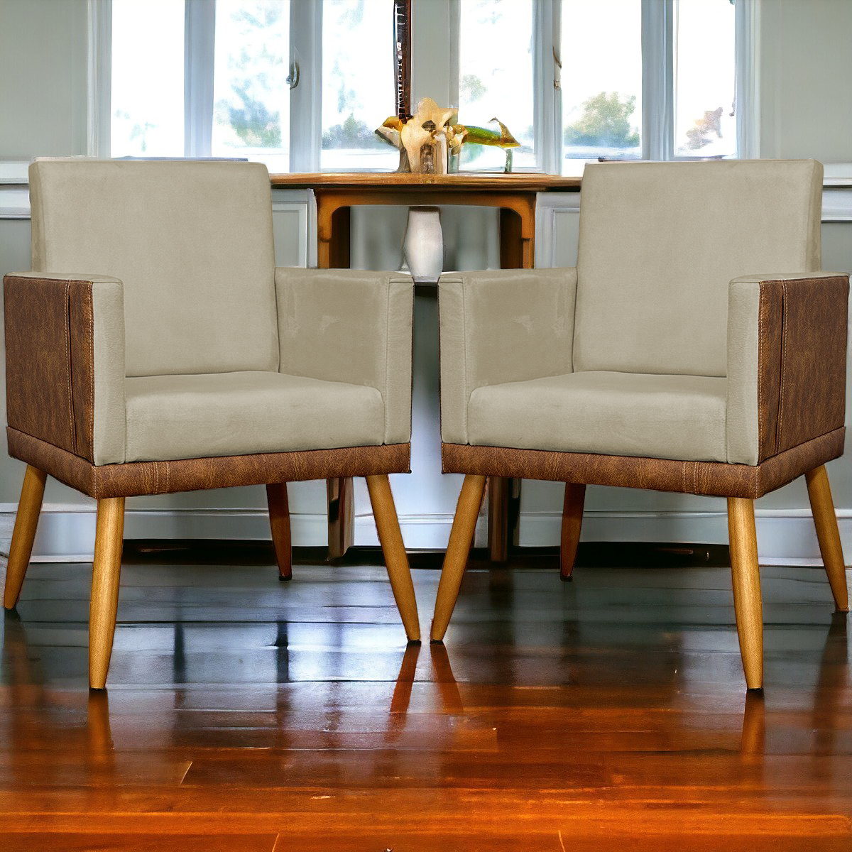 Kit 2 Poltronas Decorativa Para Sala Recepção Consultório Cadeira Lis Corino Peroba e Suede Nude
