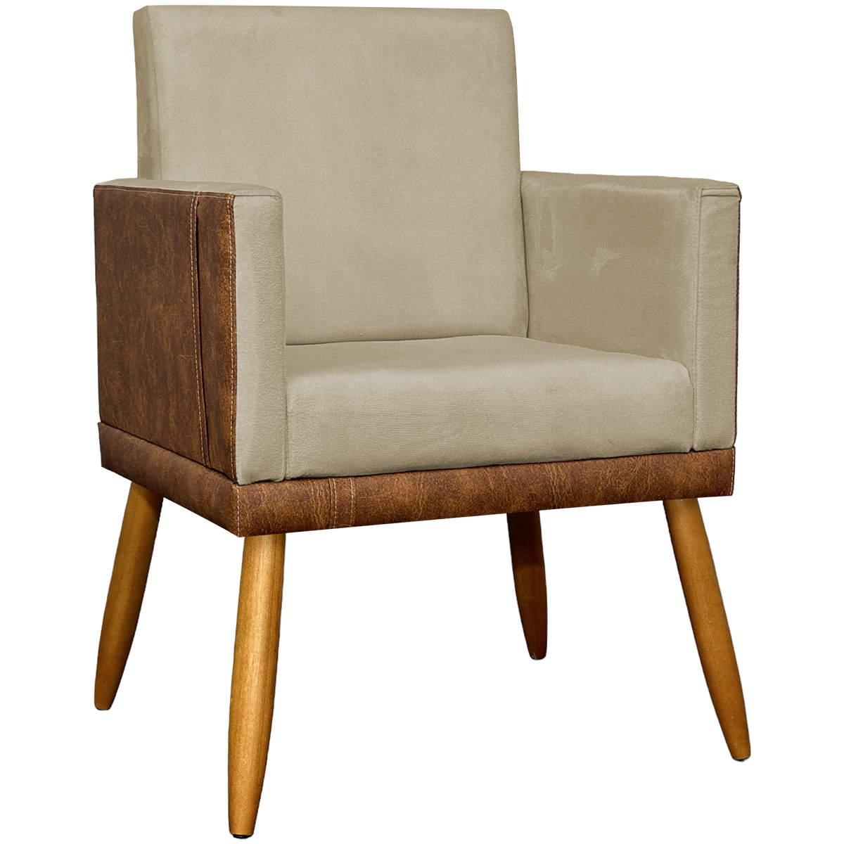 Kit 2 Poltronas Decorativa Para Sala Recepção Consultório Cadeira Lis Corino Peroba e Suede Nude