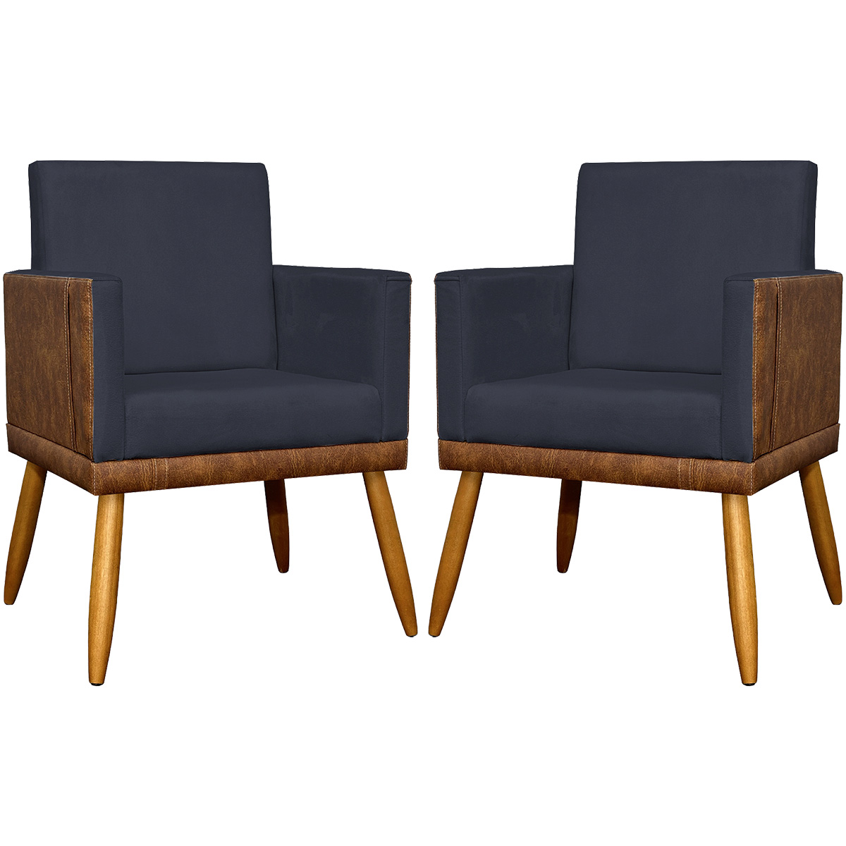 Kit 2 Poltronas Decorativa Para Sala Recepção Consultório Cadeira Lis Corino Peroba e Suede Preto