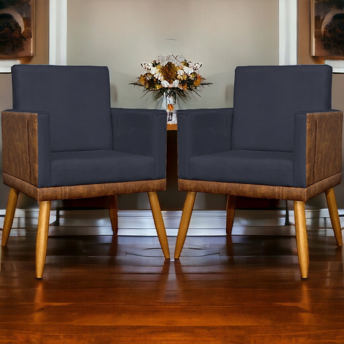 Kit 2 Poltronas Decorativa Para Sala Recepção Consultório Cadeira Lis Corino Peroba e Suede Preto