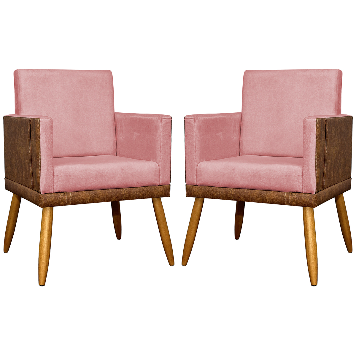 Kit 2 Poltronas Decorativa Para Sala Recepção Consultório Cadeira Lis Corino Peroba e Suede Rosê