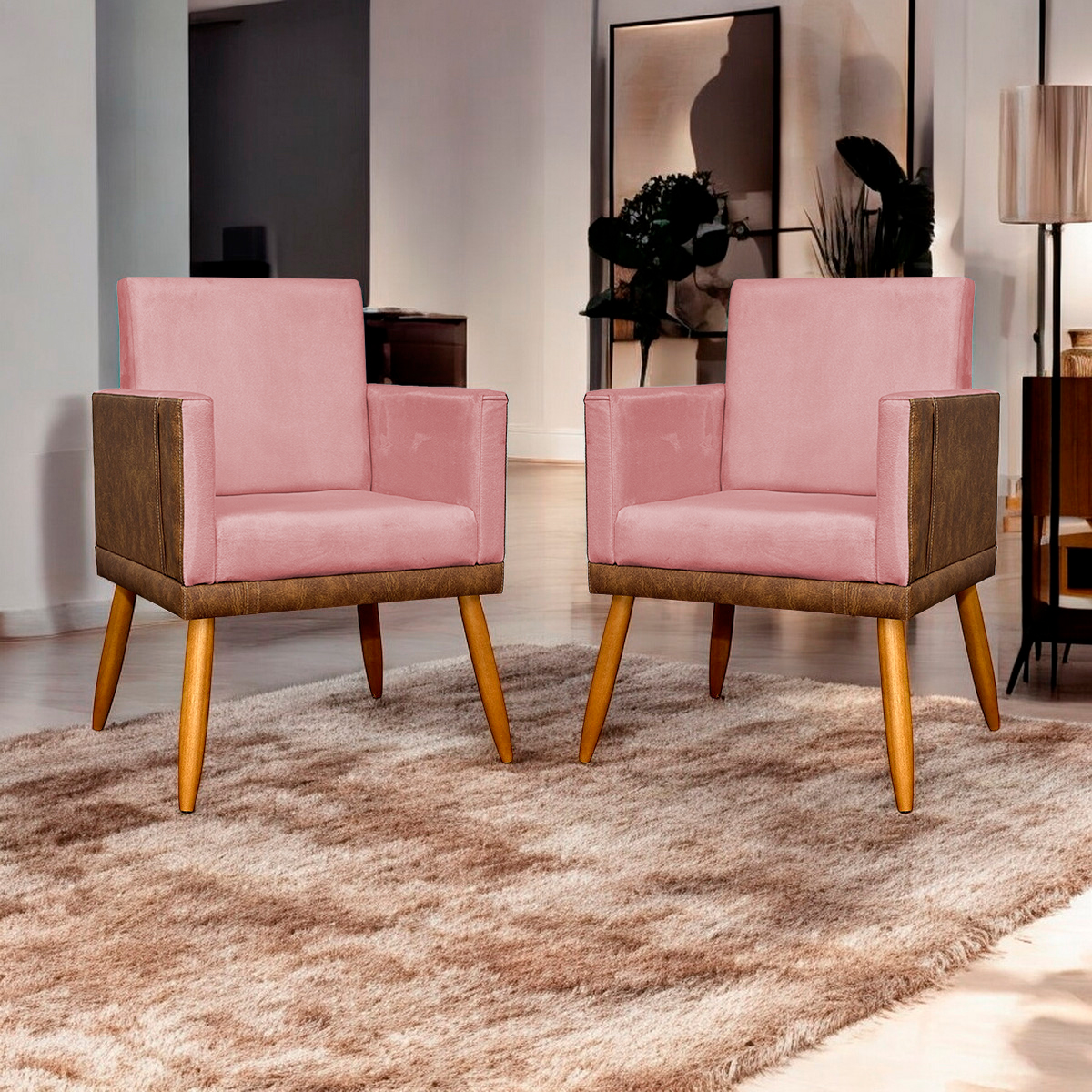 Kit 2 Poltronas Decorativa Para Sala Recepção Consultório Cadeira Lis Corino Peroba e Suede Rosê