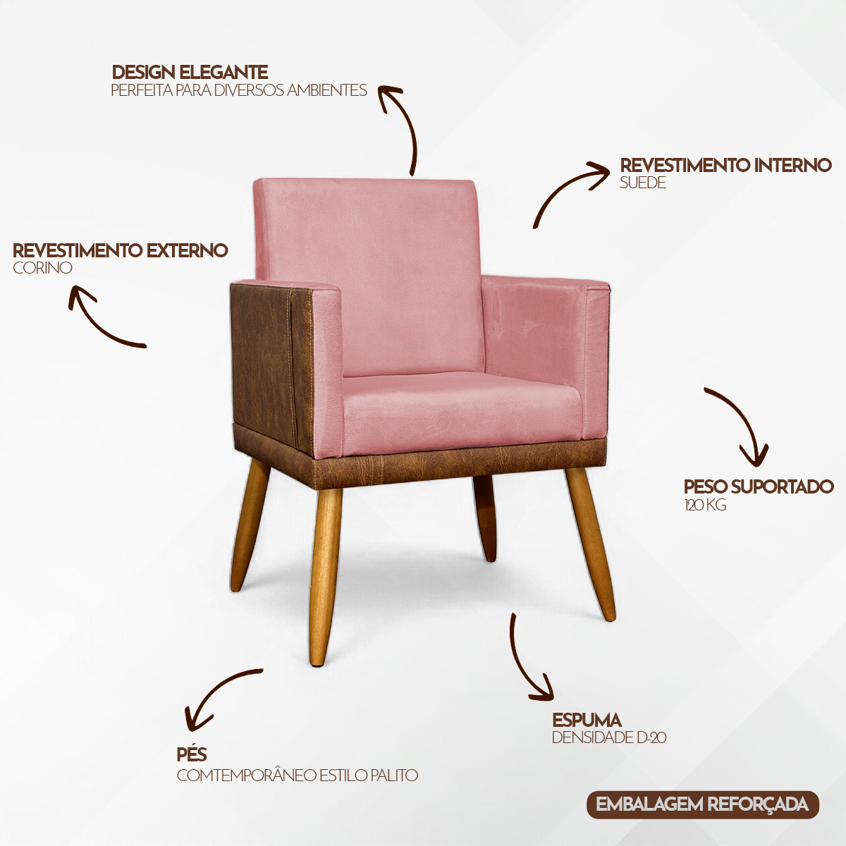 Kit 2 Poltronas Decorativa Para Sala Recepção Consultório Cadeira Lis Corino Peroba e Suede Rosê