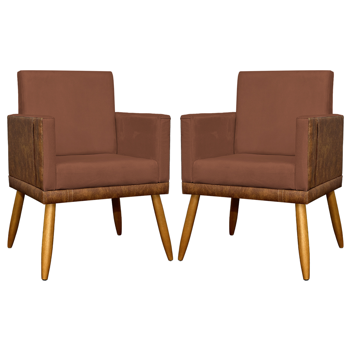 Kit 2 Poltronas Decorativa Para Sala Recepção Consultório Cadeira Lis Corino Peroba e Suede Terracota