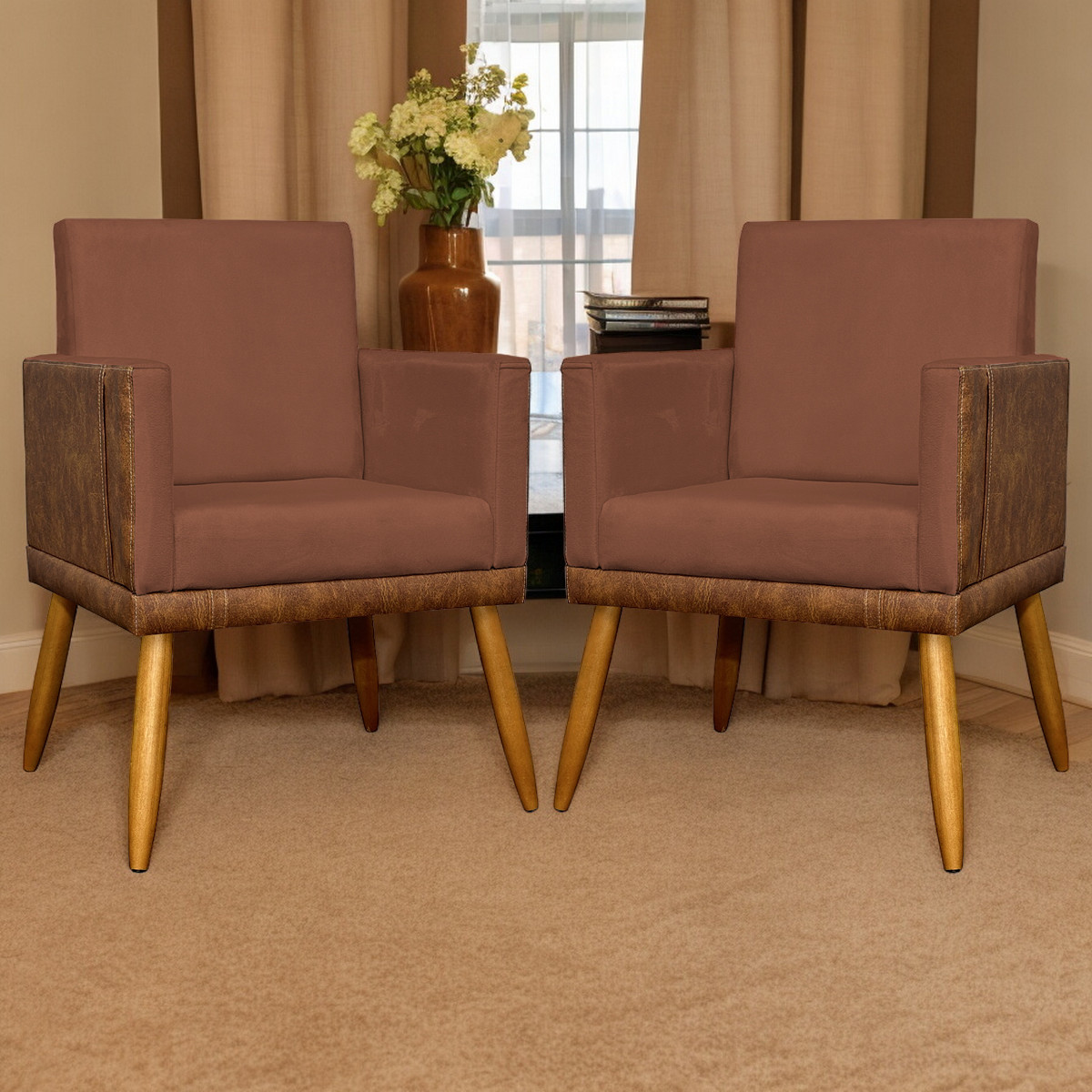 Kit 2 Poltronas Decorativa Para Sala Recepção Consultório Cadeira Lis Corino Peroba e Suede Terracota