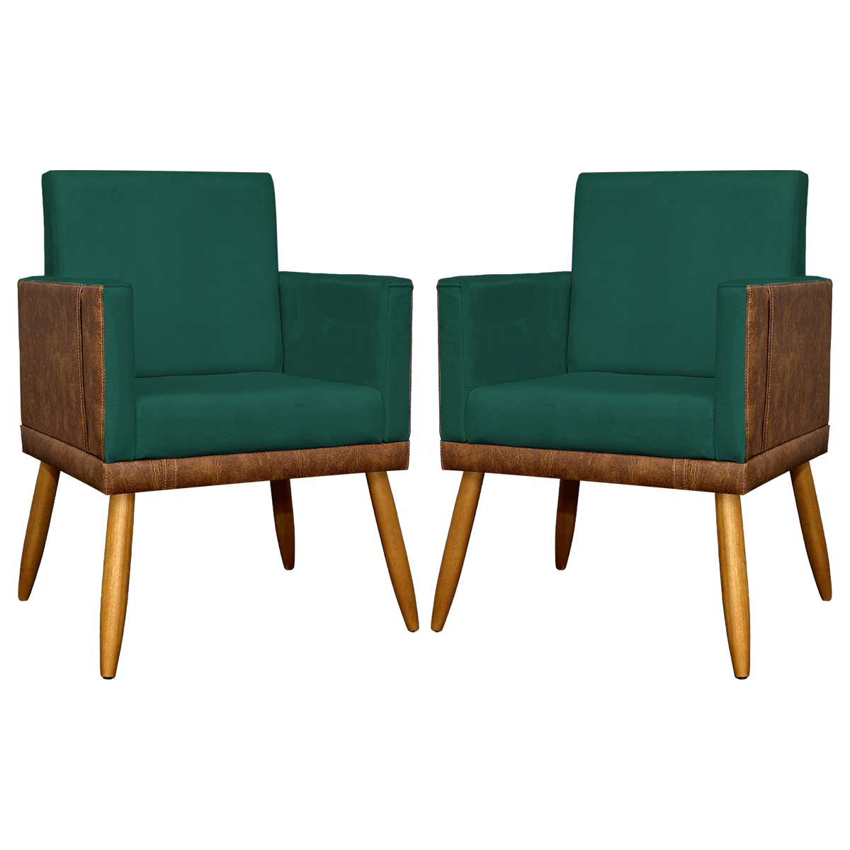 Kit 2 Poltronas Decorativa Para Sala Recepção Consultório Cadeira Lis Corino Peroba e Suede Verde