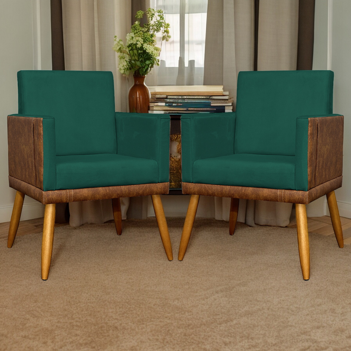 Kit 2 Poltronas Decorativa Para Sala Recepção Consultório Cadeira Lis Corino Peroba e Suede Verde
