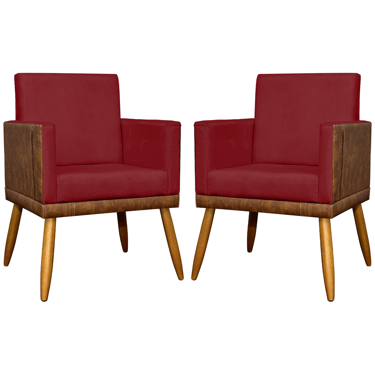 Kit 2 Poltronas Decorativa Para Sala Recepção Consultório Cadeira Lis Corino Peroba e Suede Vermelho