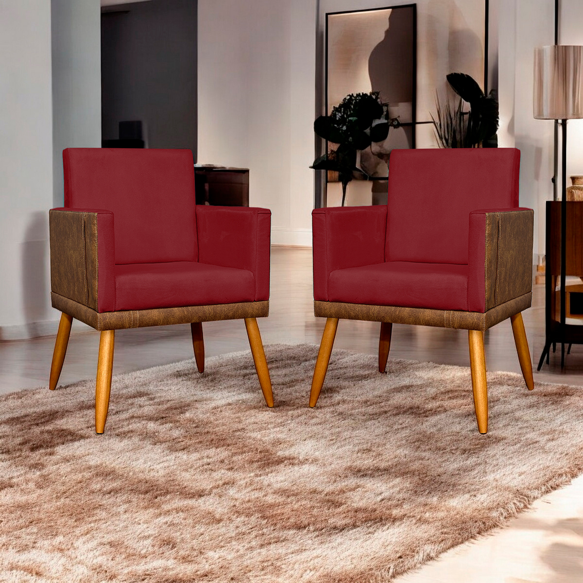 Kit 2 Poltronas Decorativa Para Sala Recepção Consultório Cadeira Lis Corino Peroba e Suede Vermelho