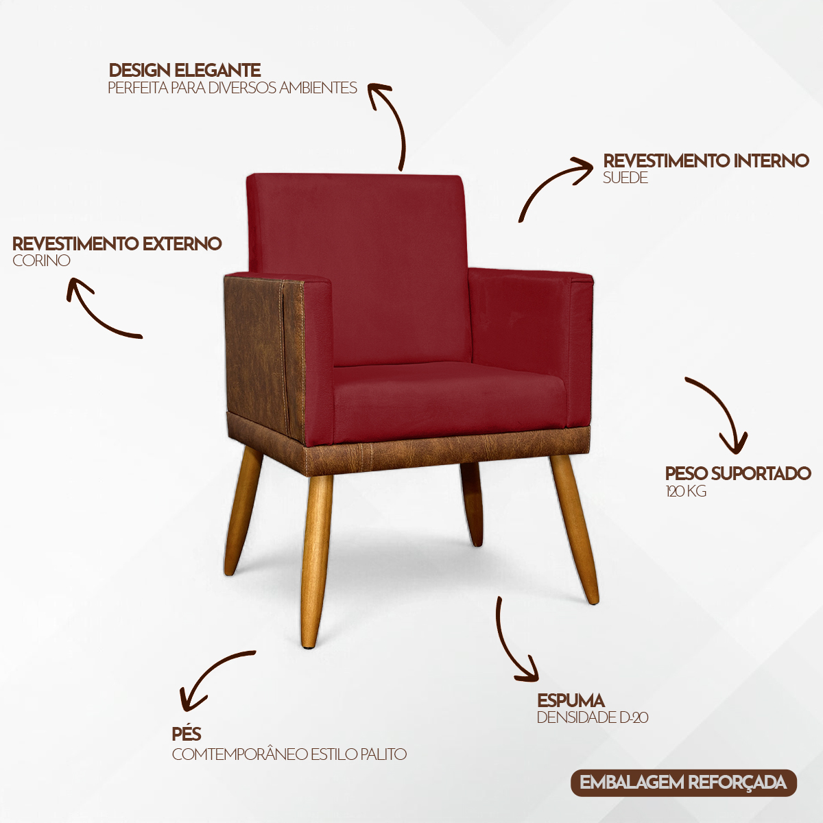Kit 2 Poltronas Decorativa Para Sala Recepção Consultório Cadeira Lis Corino Peroba e Suede Vermelho