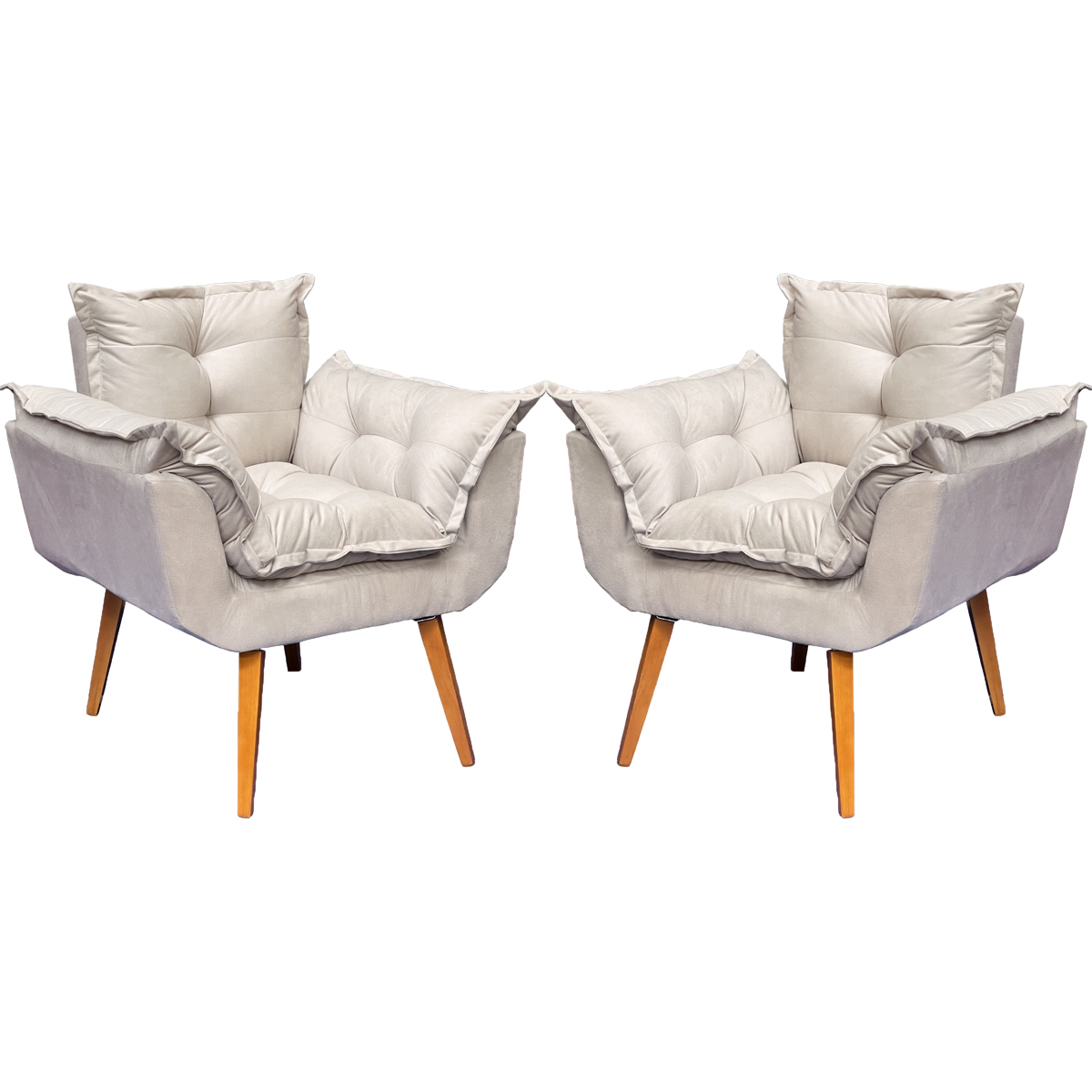 Kit 2 Poltronas Decorativa Para Sala Recepção Manicure Consultório Alice Suede Bege Pés Trapézio