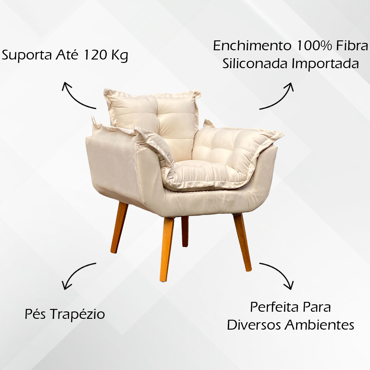 Kit 2 Poltronas Decorativa Para Sala Recepção Manicure Consultório Alice Suede Bege Pés Trapézio