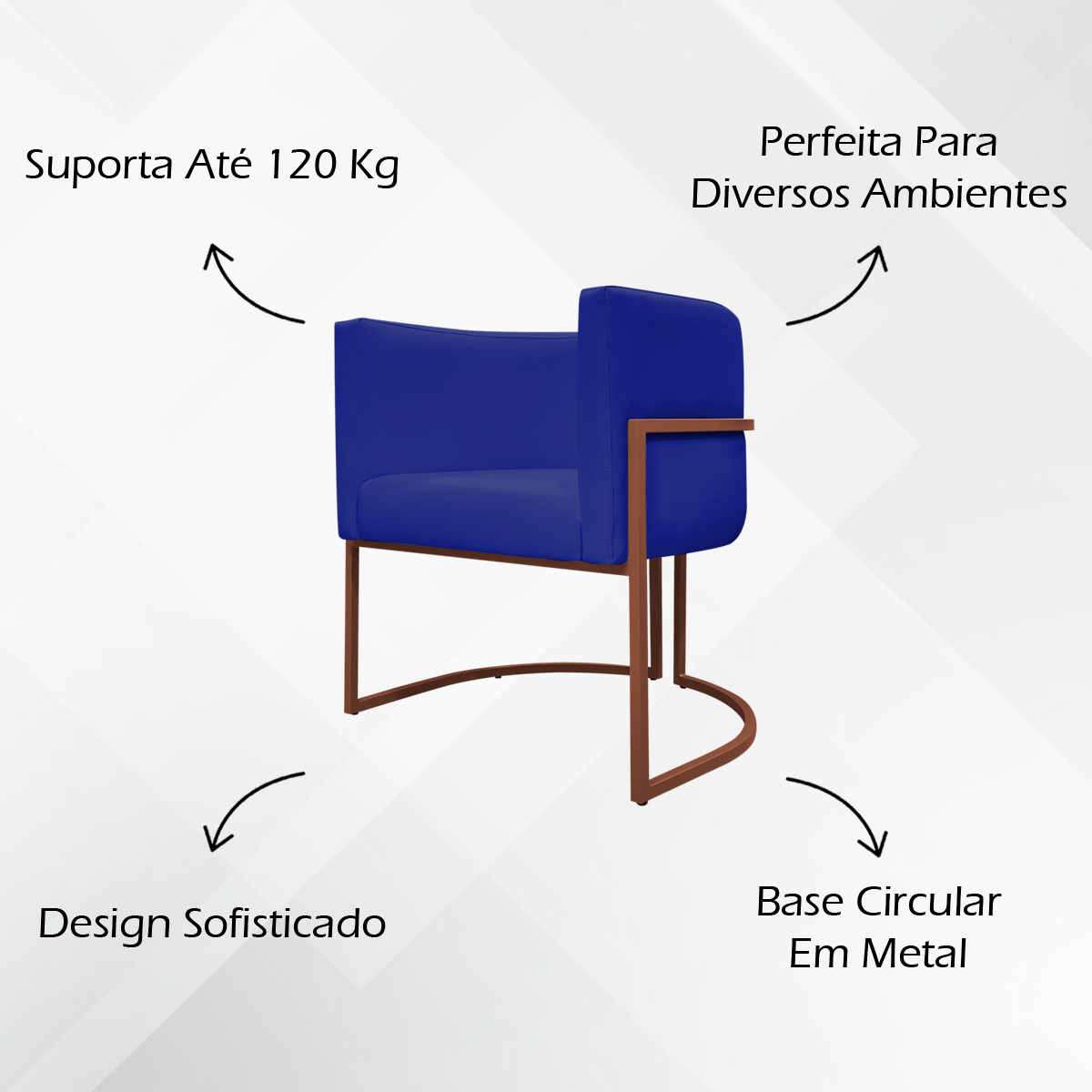 Kit 2 Poltronas Decorativa Para Sala Recepção Manicure Consultório Luna Corino Azul Royal Base de Ferro Bronze