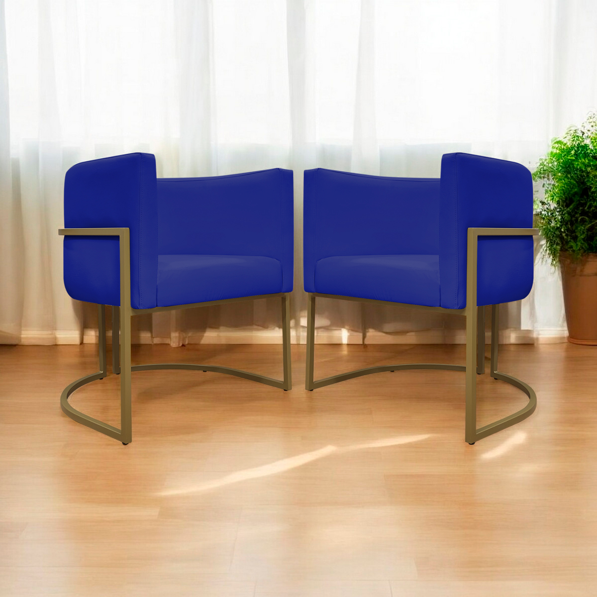 Kit 2 Poltronas Decorativa Para Sala Recepção Manicure Consultório Luna Corino Azul Royal Base de Ferro Dourado