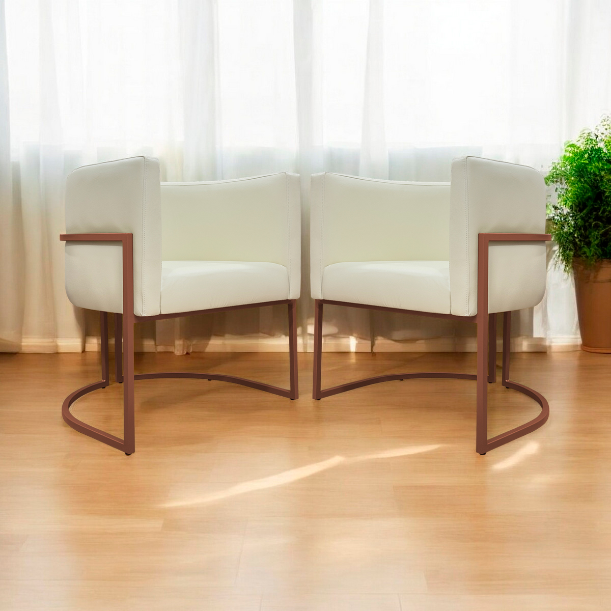 Kit 2 Poltronas Decorativa Para Sala Recepção Manicure Consultório Luna Corino Bege Base de Ferro Bronze