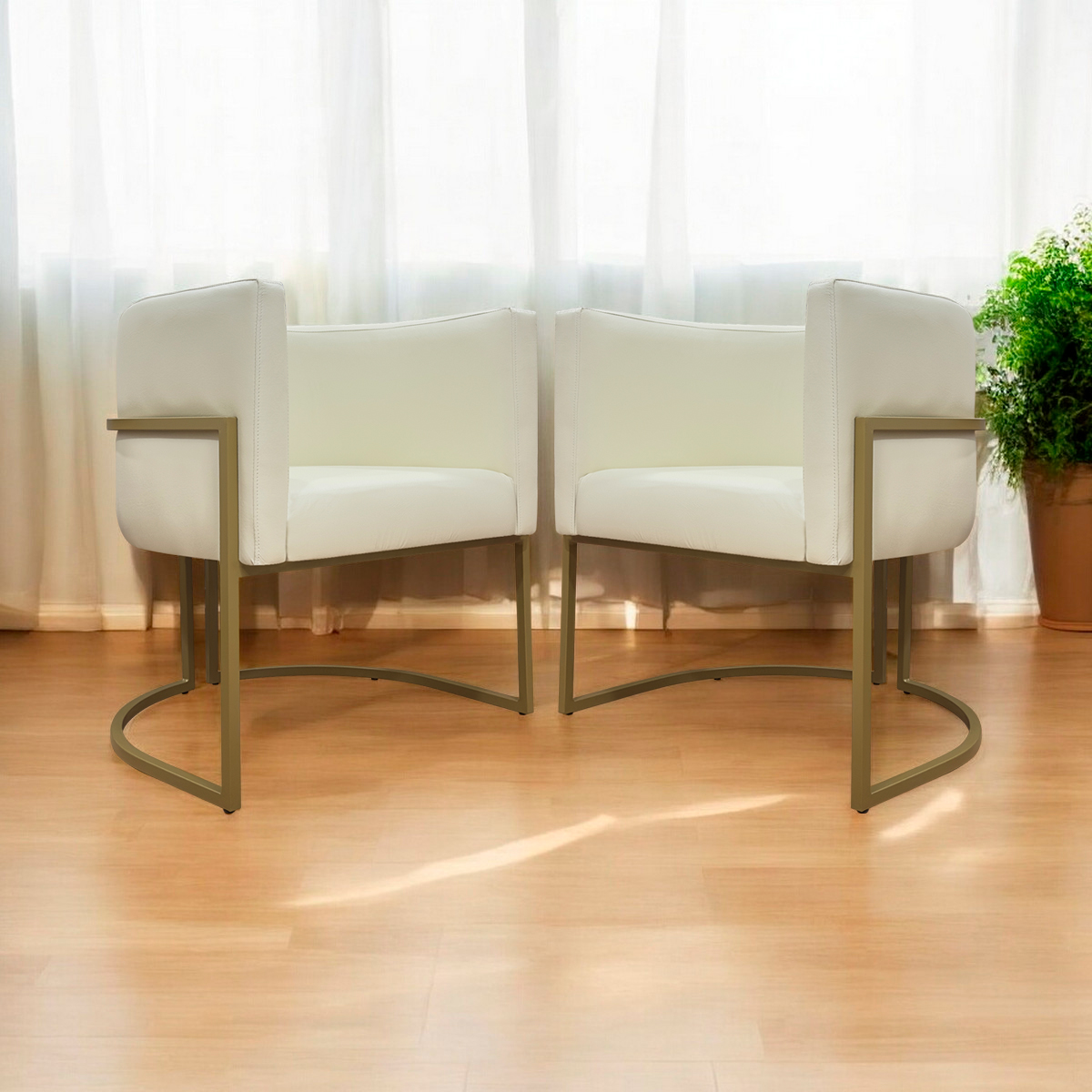 Kit 2 Poltronas Decorativa Para Sala Recepção Manicure Consultório Luna Corino Bege Base de Ferro Dourado