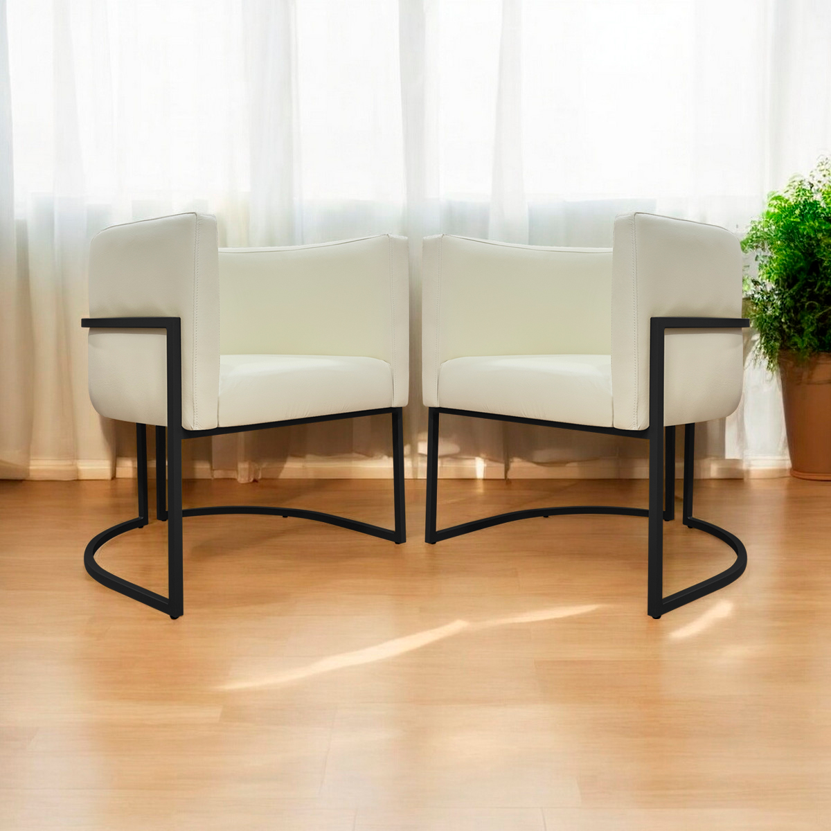 Kit 2 Poltronas Decorativa Para Sala Recepção Manicure Consultório Luna Corino Bege Base de Ferro Preto
