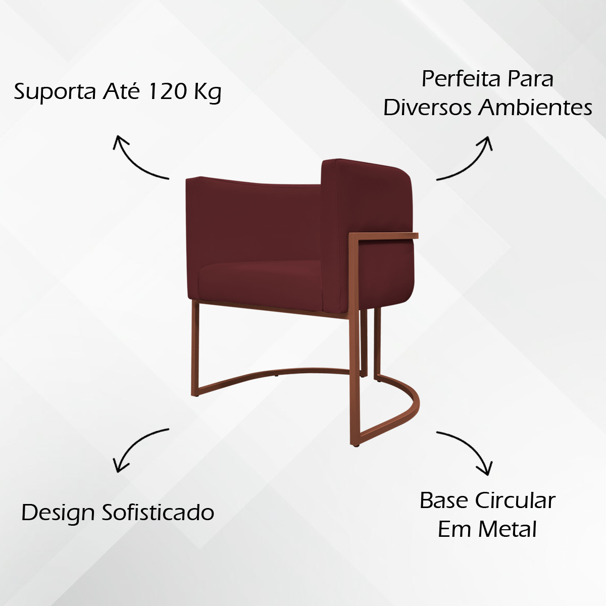 Kit 2 Poltronas Decorativa Para Sala Recepção Manicure Consultório Luna Corino Bordô Base de Ferro Bronze
