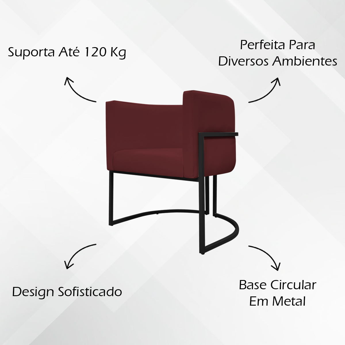 Kit 2 Poltronas Decorativa Para Sala Recepção Manicure Consultório Luna Corino Bordô Base de Ferro Preto