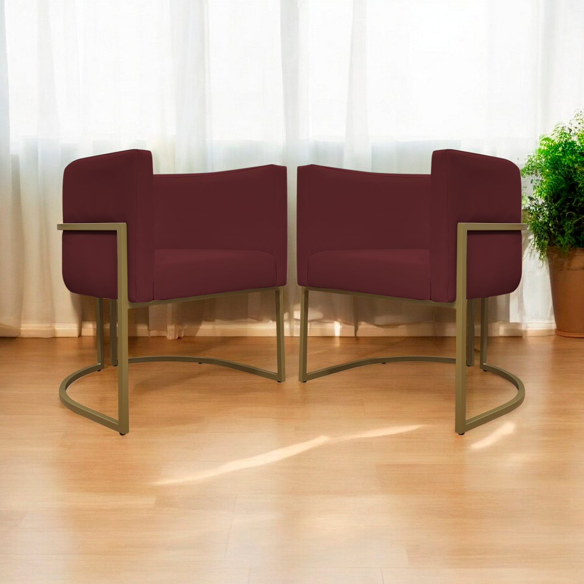 Kit 2 Poltronas Decorativa Para Sala Recepção Manicure Consultório Luna Corino Bordo Base de Ferro Dourado