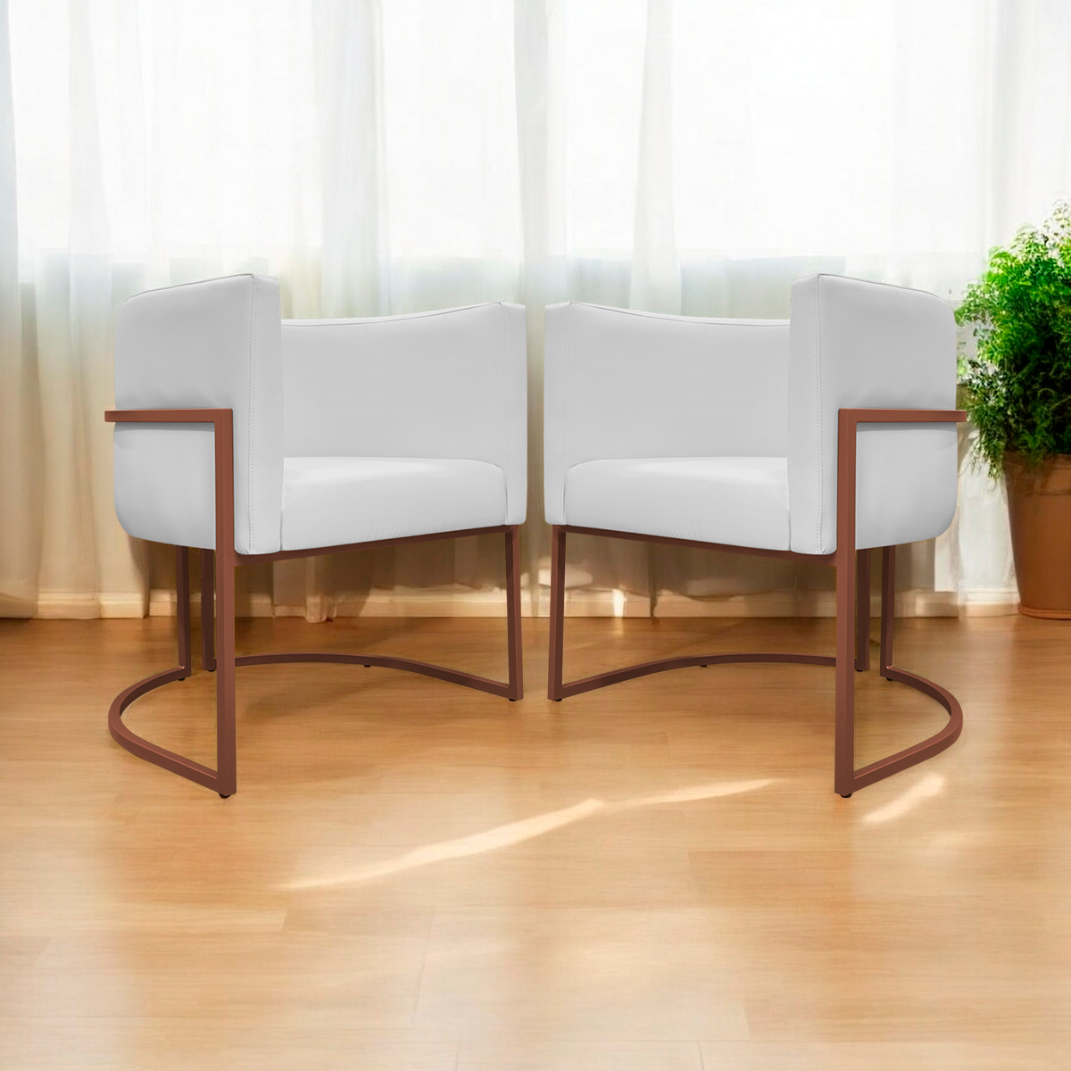 Kit 2 Poltronas Decorativa Para Sala Recepção Manicure Consultório Luna Corino Branco Base de Ferro Bronze