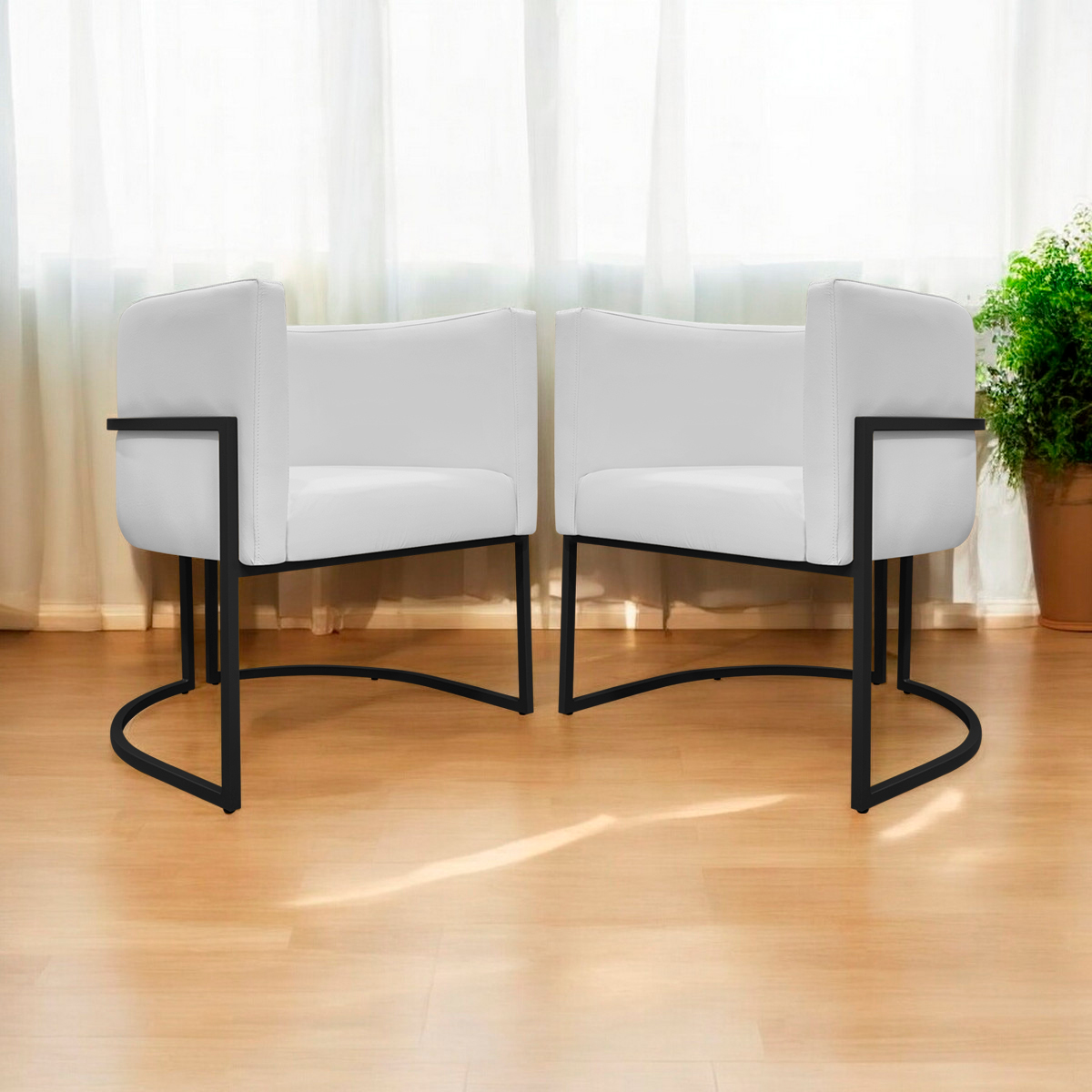Kit 2 Poltronas Decorativa Para Sala Recepção Manicure Consultório Luna Corino Branco Base de Ferro Preto