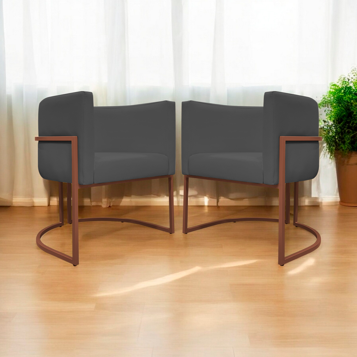 Kit 2 Poltronas Decorativa Para Sala Recepção Manicure Consultório Luna Corino Cinza Base de Ferro Bronze