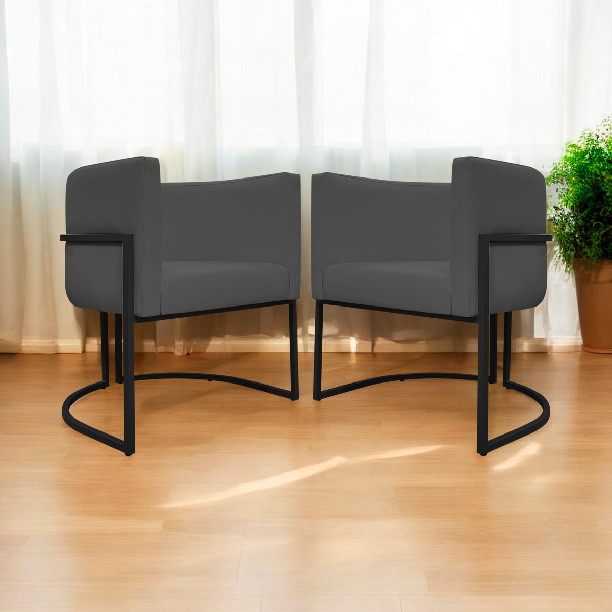 Kit 2 Poltronas Decorativa Para Sala Recepção Manicure Consultório Luna Corino Cinza Base de Ferro Preto