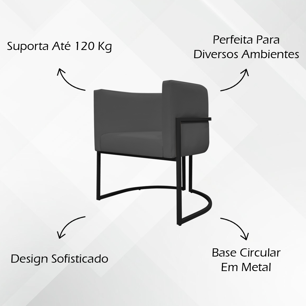 Kit 2 Poltronas Decorativa Para Sala Recepção Manicure Consultório Luna Corino Cinza Base de Ferro Preto