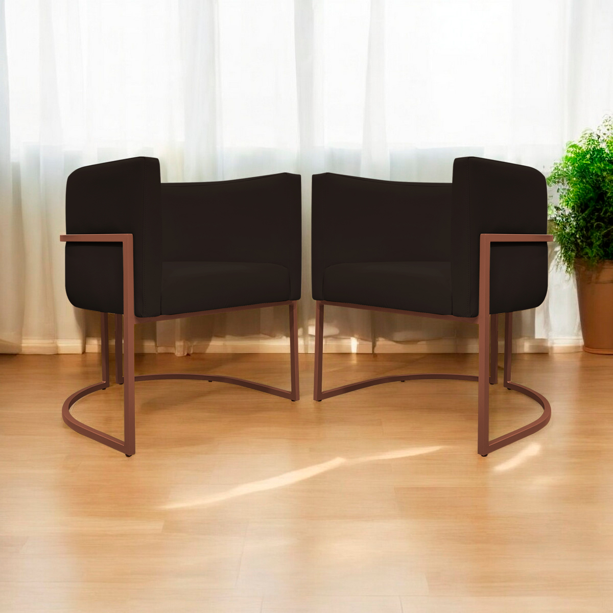 Kit 2 Poltronas Decorativa Para Sala Recepção Manicure Consultório Luna Corino Marrom Base de Ferro Bronze