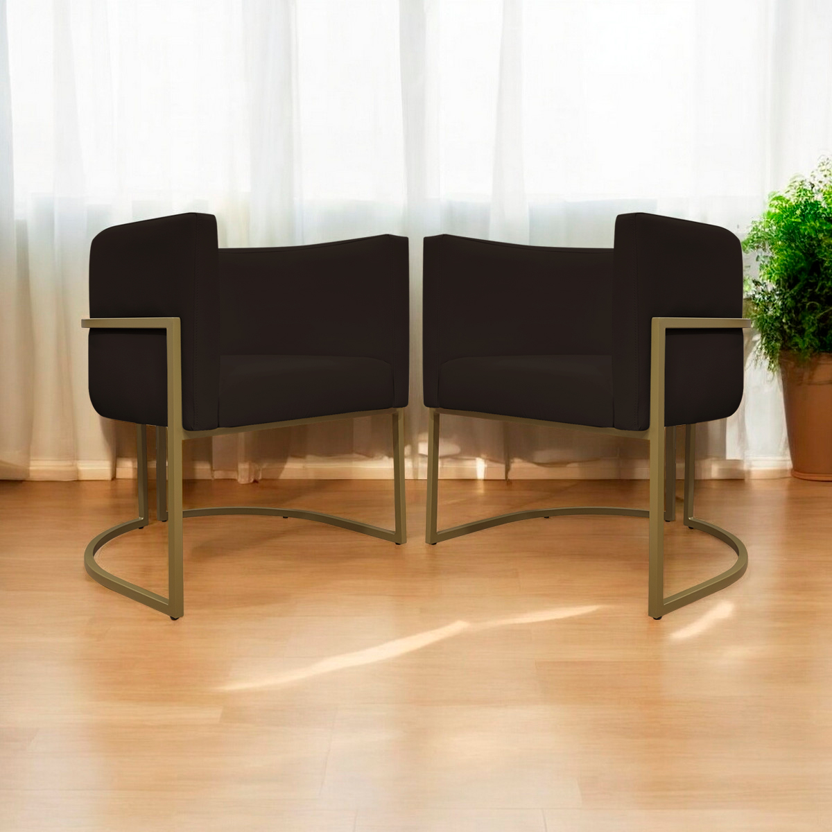 Kit 2 Poltronas Decorativa Para Sala Recepção Manicure Consultório Luna Corino Marrom Base de Ferro Dourado
