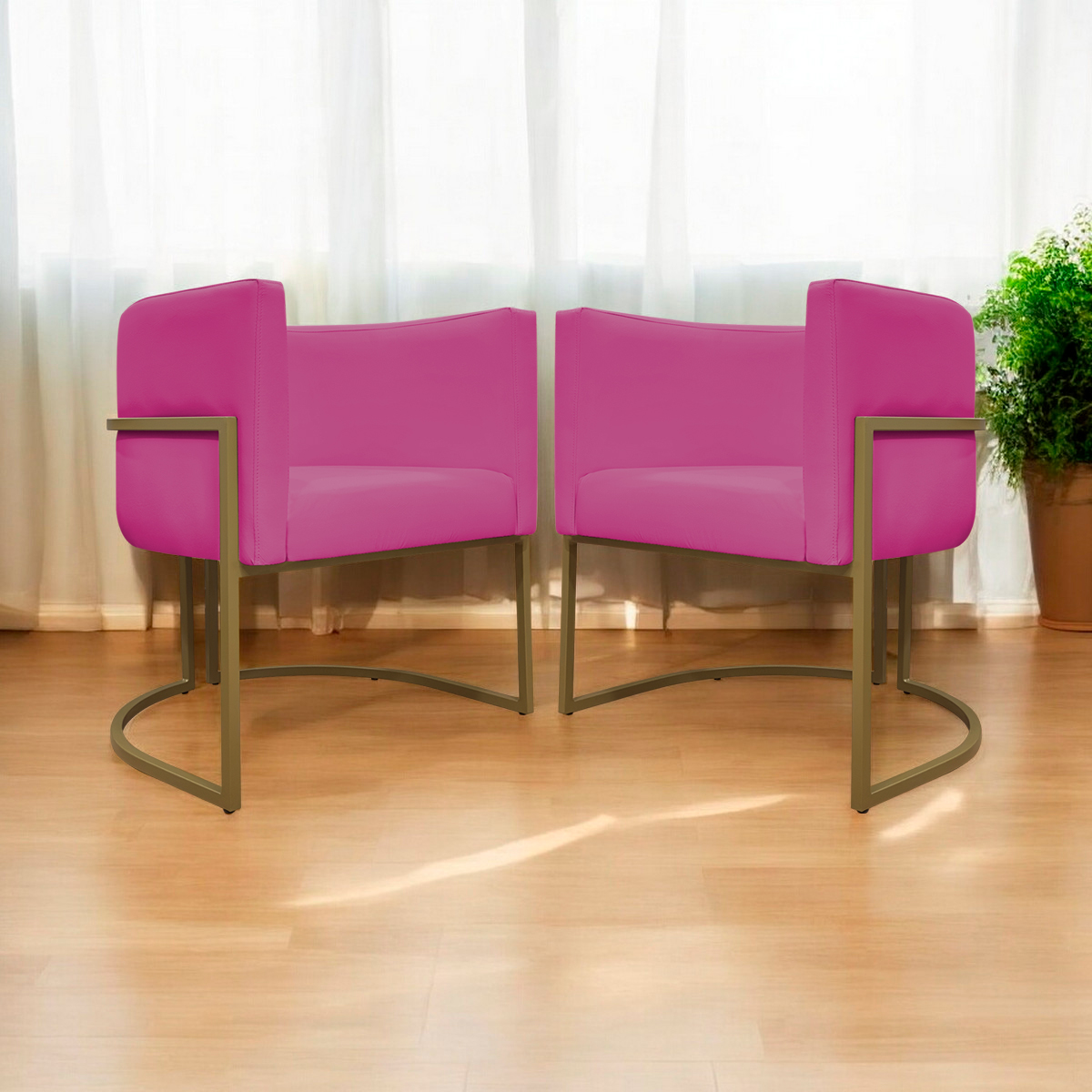 Kit 2 Poltronas Decorativa Para Sala Recepção Manicure Consultório Luna Corino Pink Base de Ferro Dourado
