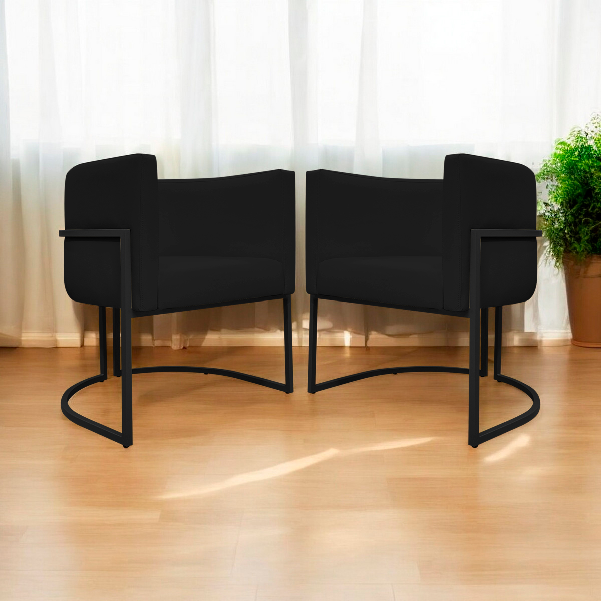 Kit 2 Poltronas Decorativa Para Sala Recepção Manicure Consultório Luna Corino Preto Base de Ferro Bronze