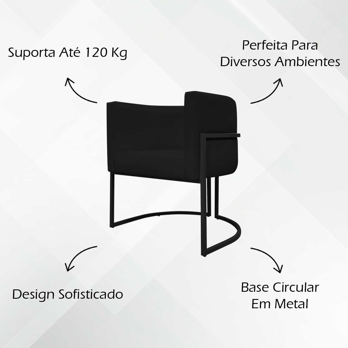 Kit 2 Poltronas Decorativa Para Sala Recepção Manicure Consultório Luna Corino Preto Base de Ferro Bronze