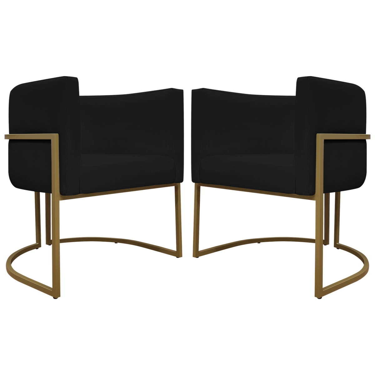 Kit 2 Poltronas Decorativa Para Sala Recepção Manicure Consultório Luna Corino Preto Base de Ferro Dourado