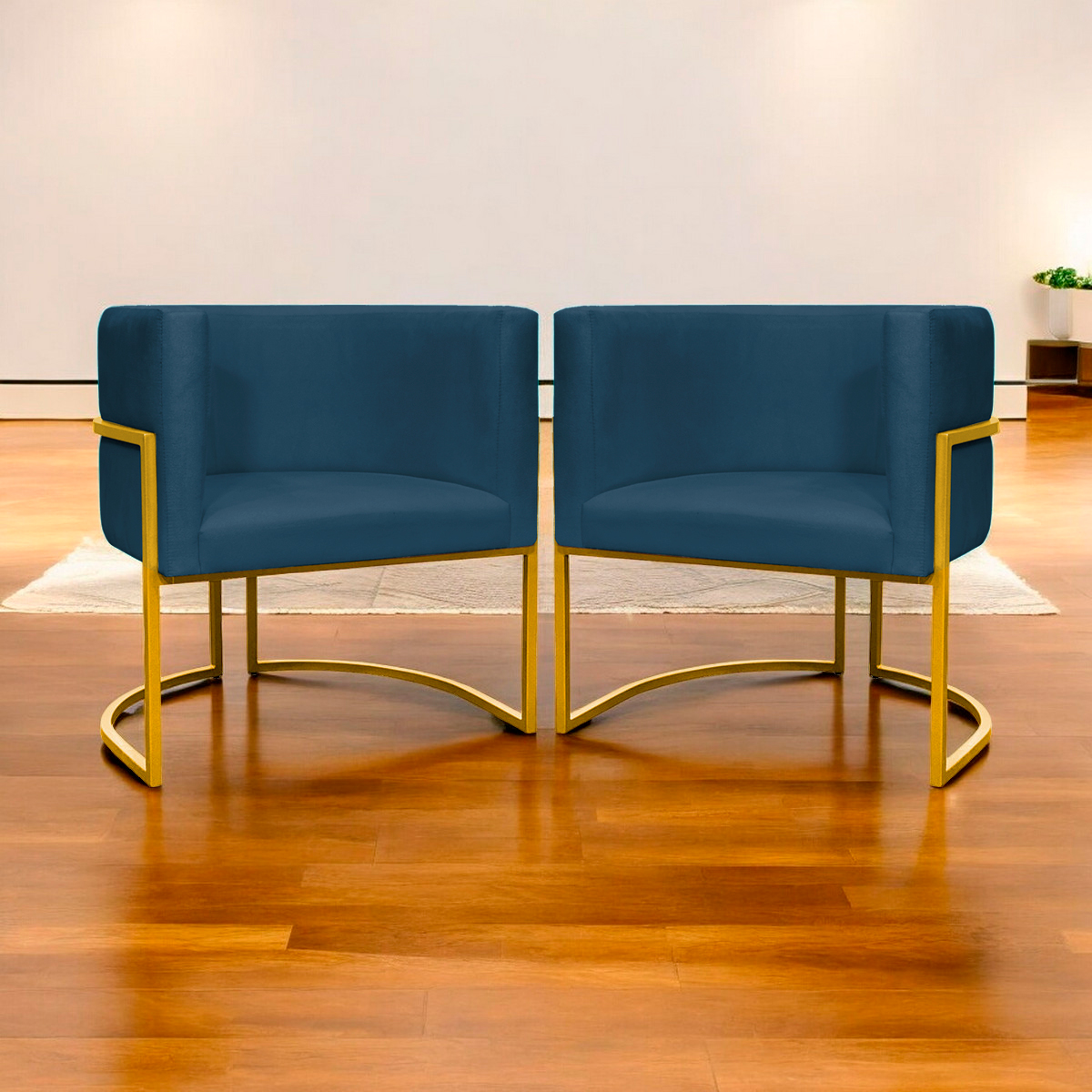 Kit 2 Poltronas Decorativa Para Sala Recepção Manicure Consultório Luna Suede Azul Marinho Base de Ferro Dourado