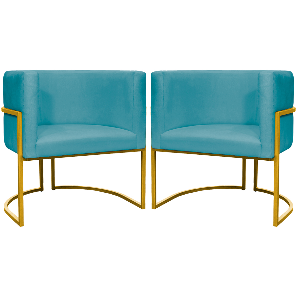 Kit 2 Poltronas Decorativa Para Sala Recepção Manicure Consultório Luna Suede Azul Turquesa Base de Ferro Dourado