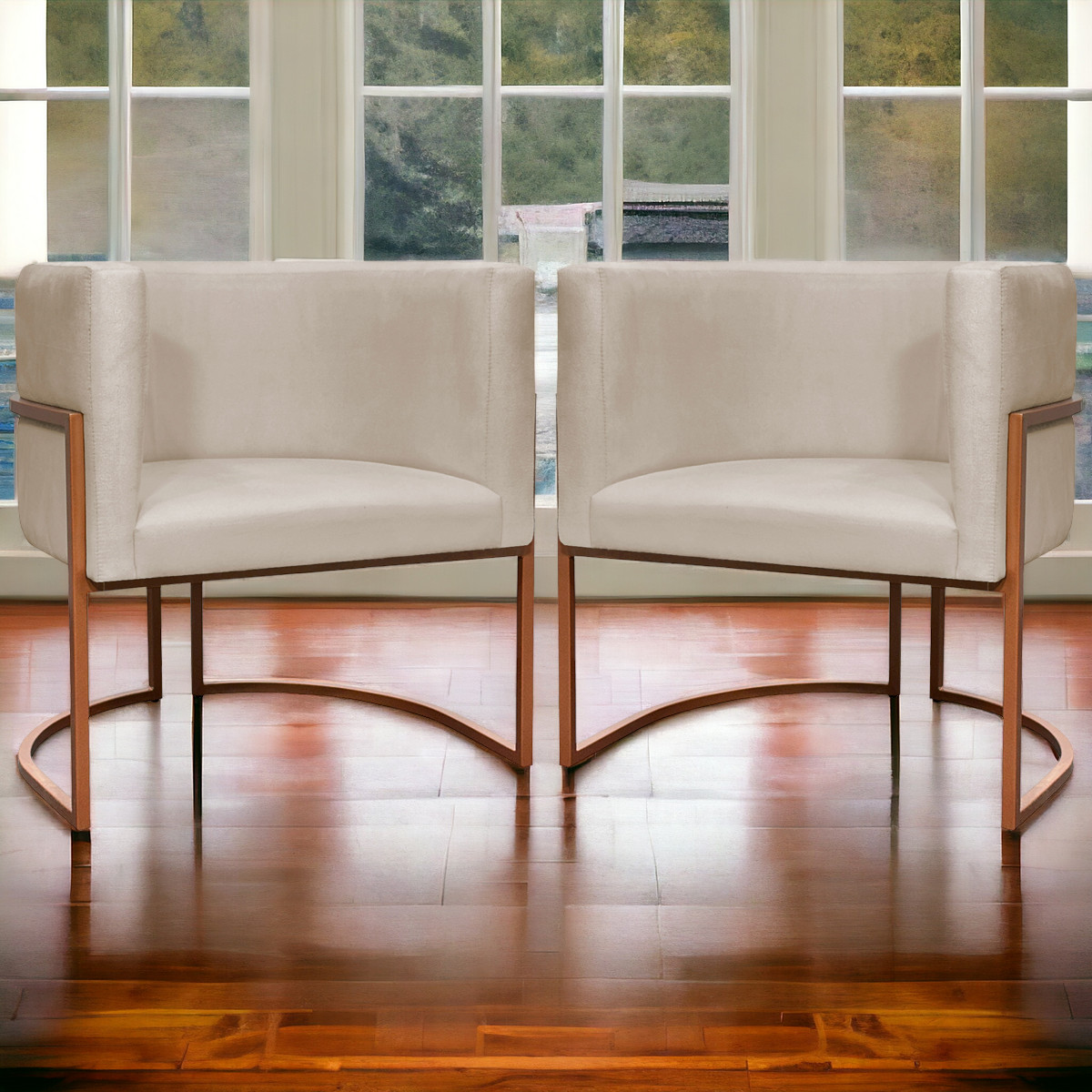 Kit 2 Poltronas Decorativa Para Sala Recepção Manicure Consultório Luna Suede Bege Base de Ferro Bronze