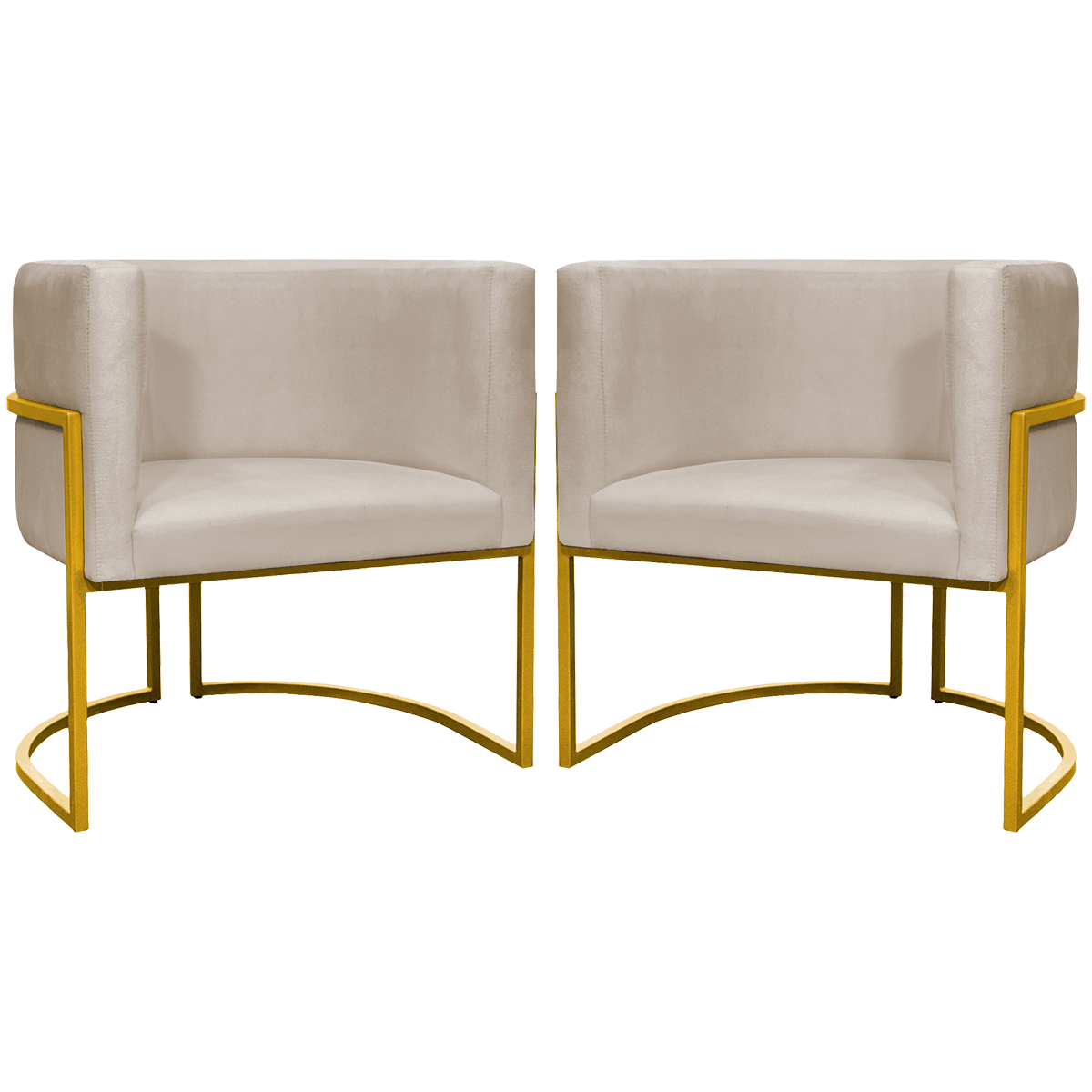 Kit 2 Poltronas Decorativa Para Sala Recepção Manicure Consultório Luna Suede Bege Base de Ferro Dourado