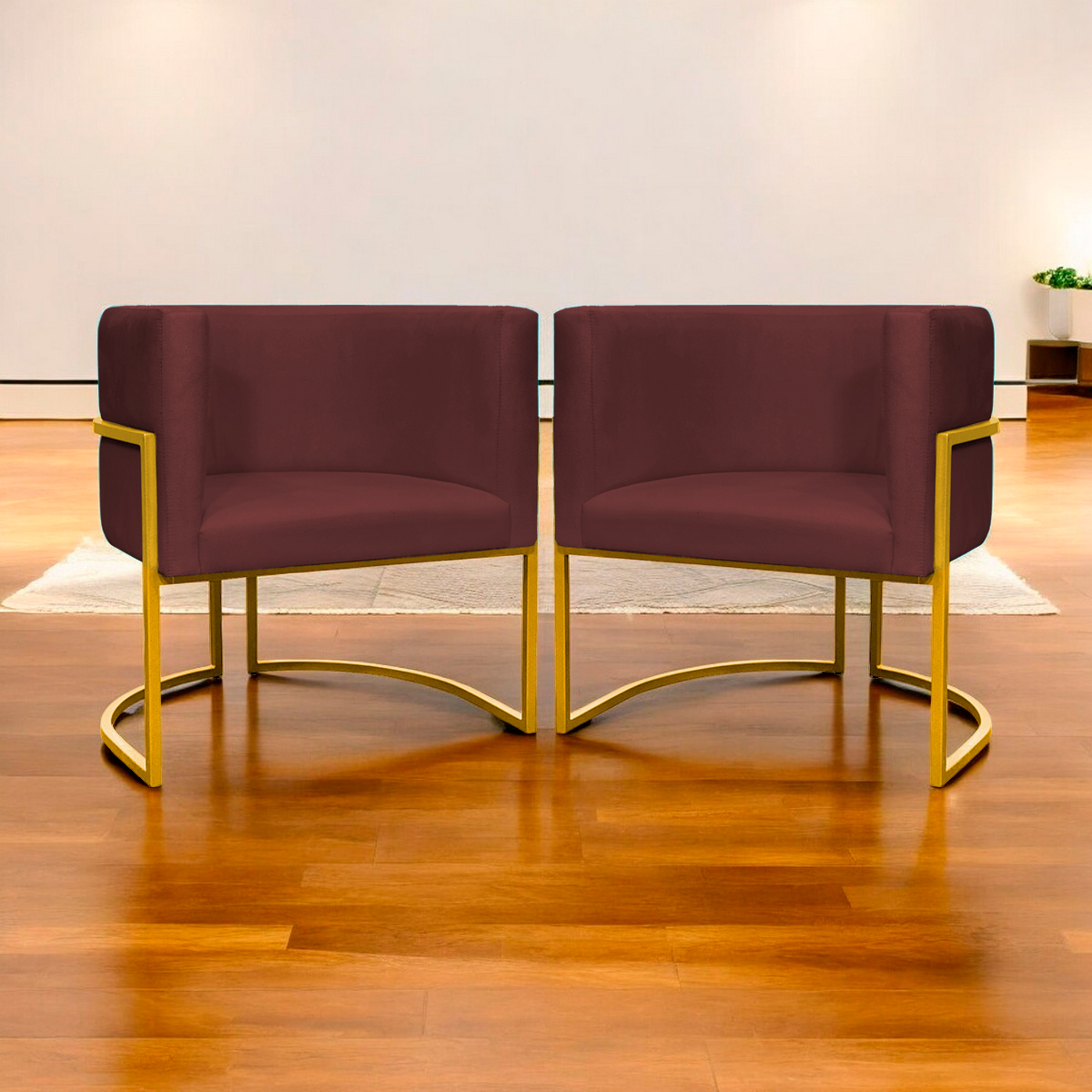 Kit 2 Poltronas Decorativa Para Sala Recepção Manicure Consultório Luna Suede Bordo Base de Ferro Dourado