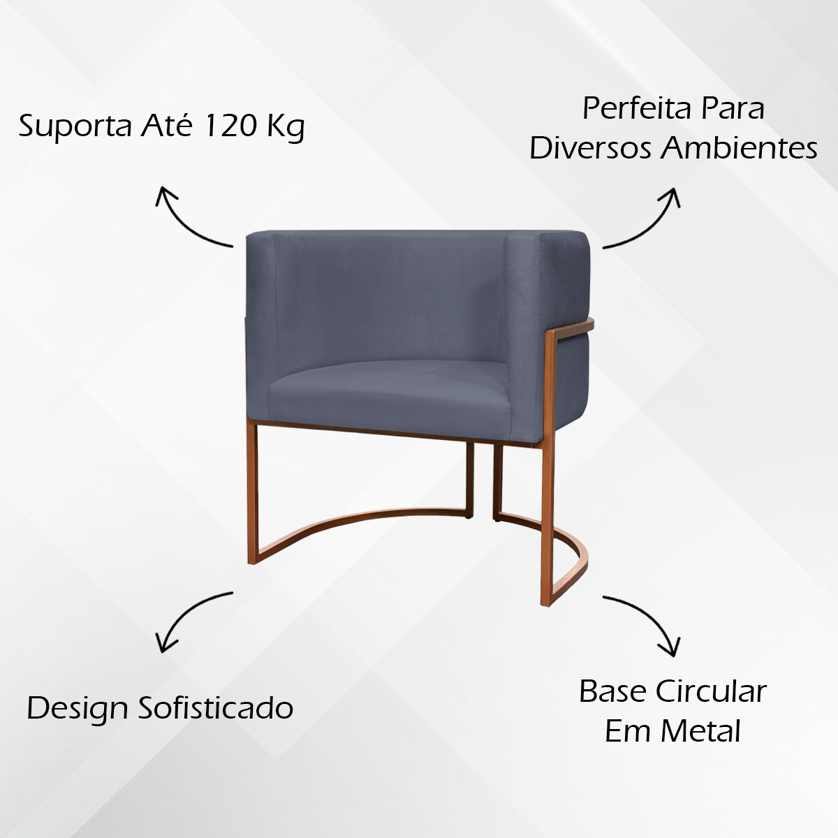 Kit 2 Poltronas Decorativa Para Sala Recepção Manicure Consultório Luna Suede Cinza Base de Ferro Bronze