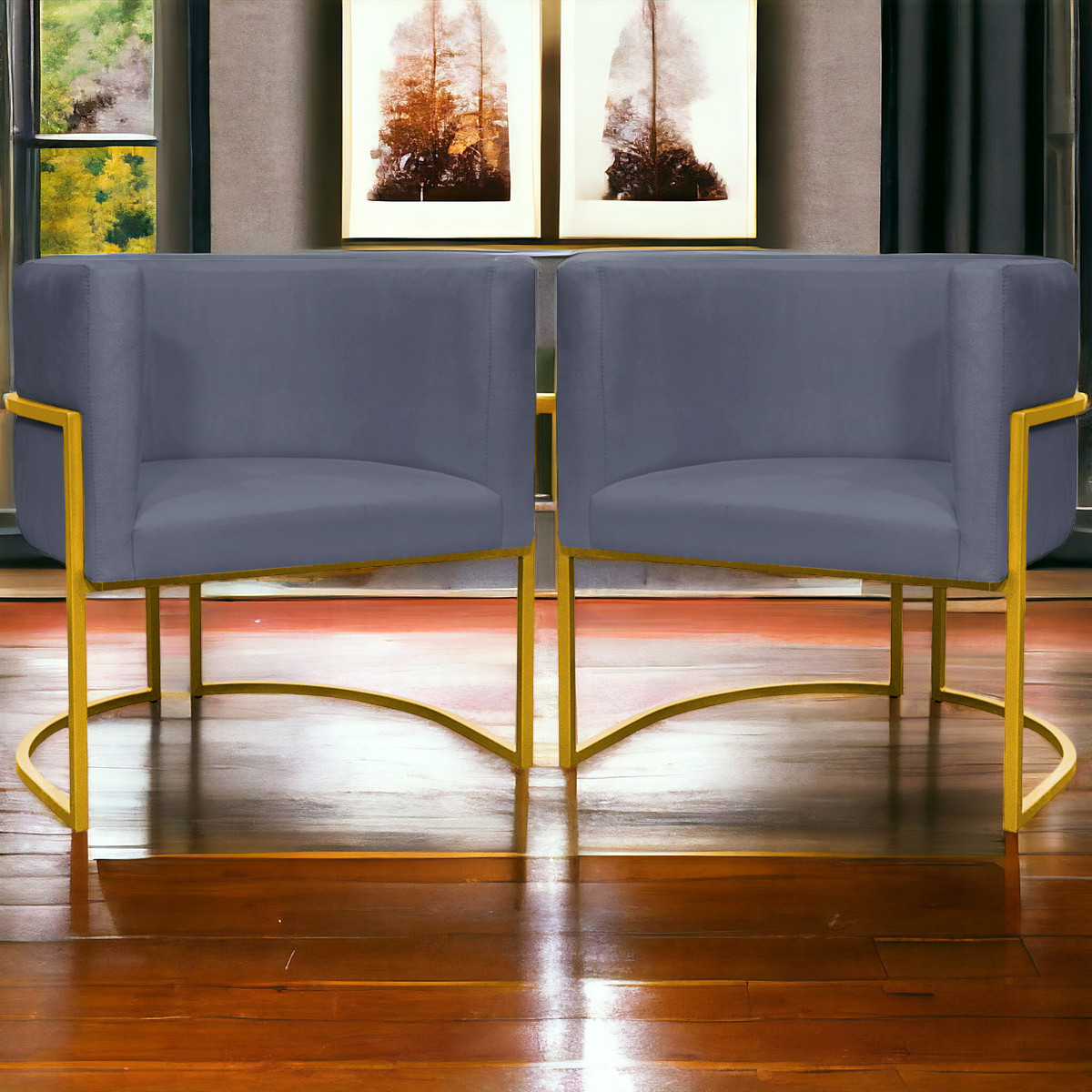 Kit 2 Poltronas Decorativa Para Sala Recepção Manicure Consultório Luna Suede Cinza Base de Ferro Dourado
