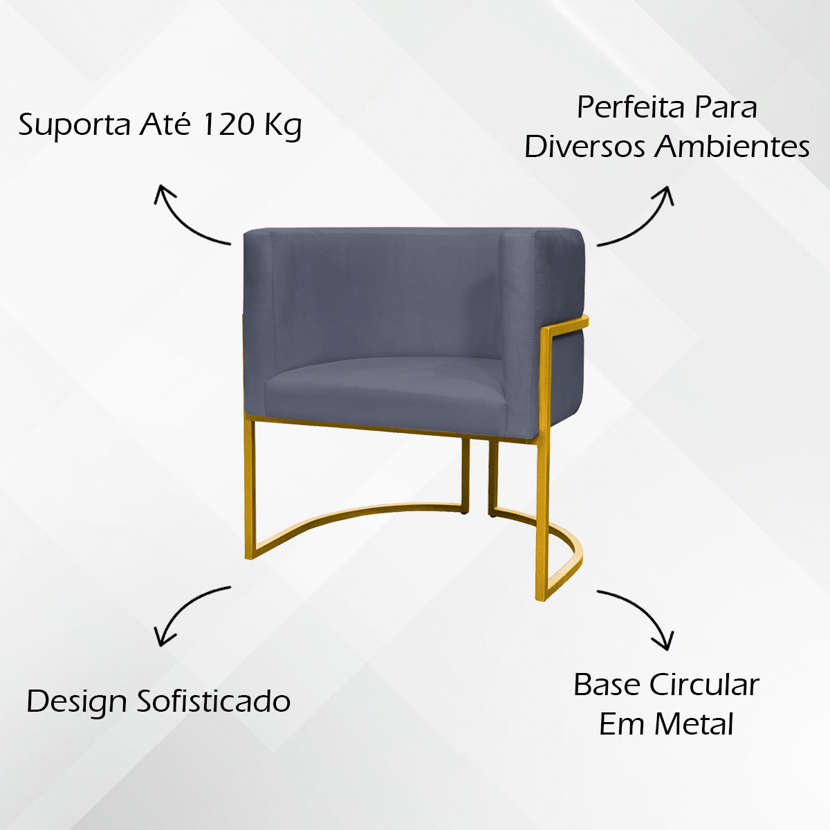 Kit 2 Poltronas Decorativa Para Sala Recepção Manicure Consultório Luna Suede Cinza Base de Ferro Dourado