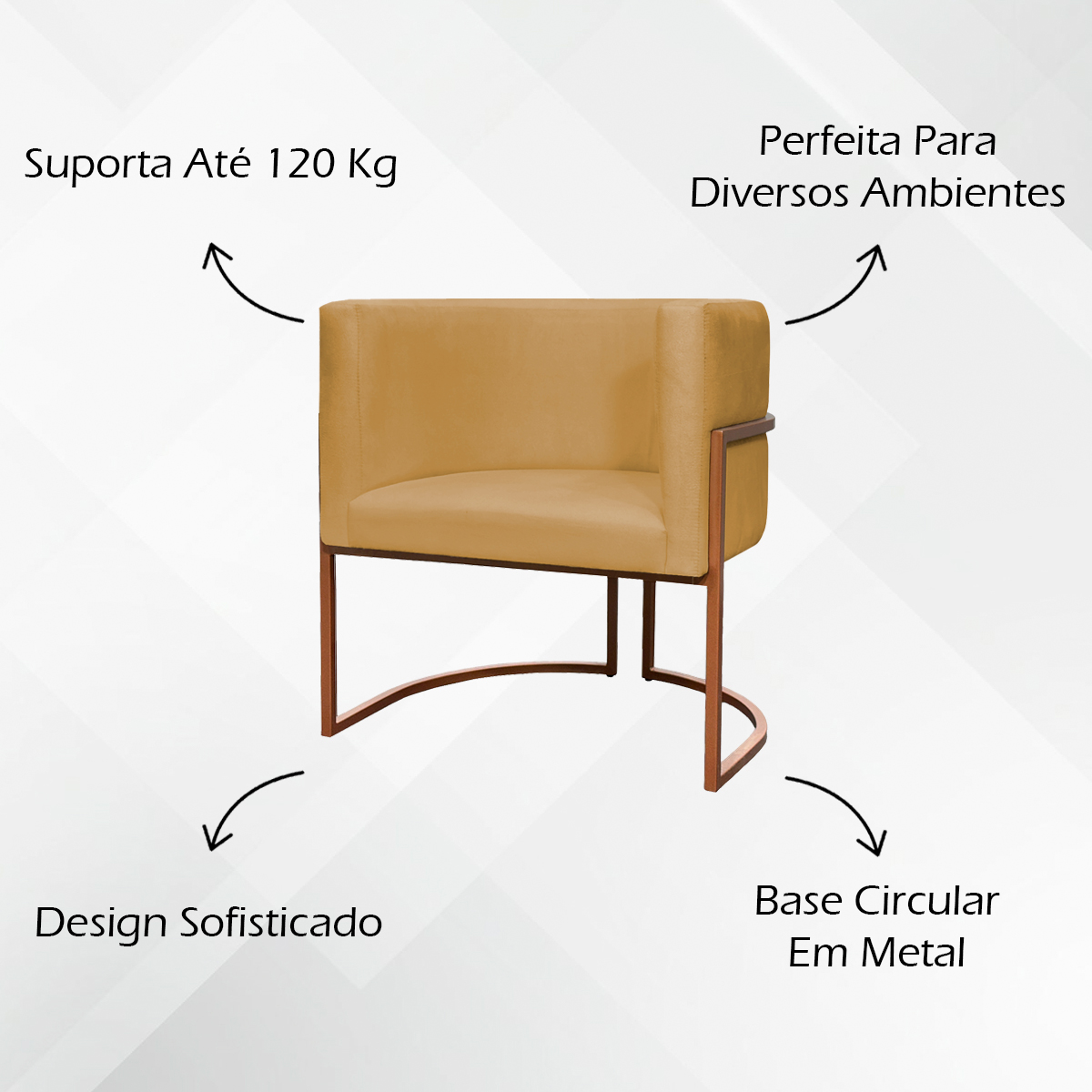 Kit 2 Poltronas Decorativa Para Sala Recepção Manicure Consultório Luna Suede Mostarda Base de Ferro Bronze