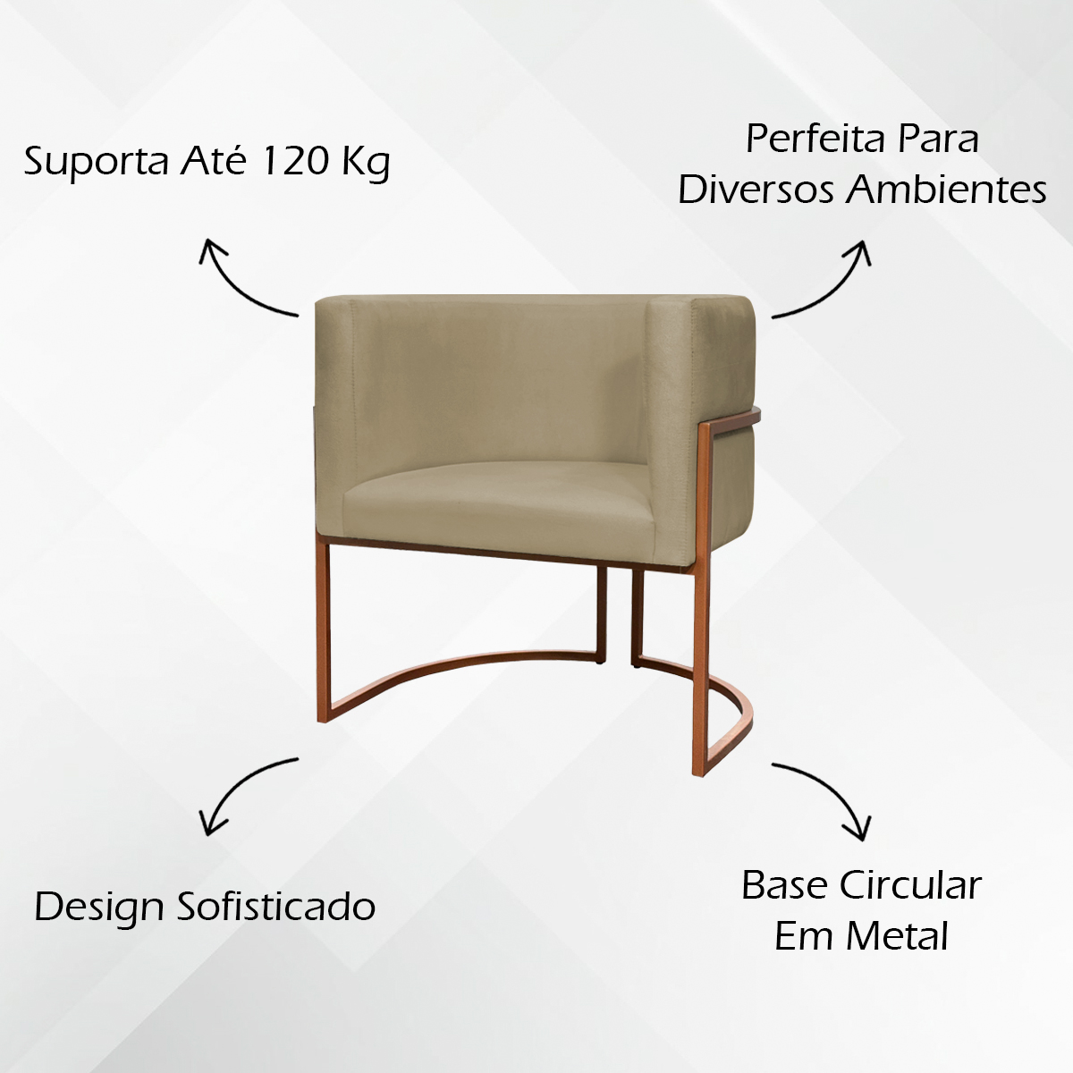Kit 2 Poltronas Decorativa Para Sala Recepção Manicure Consultório Luna Suede Nude Base de Ferro Bronze