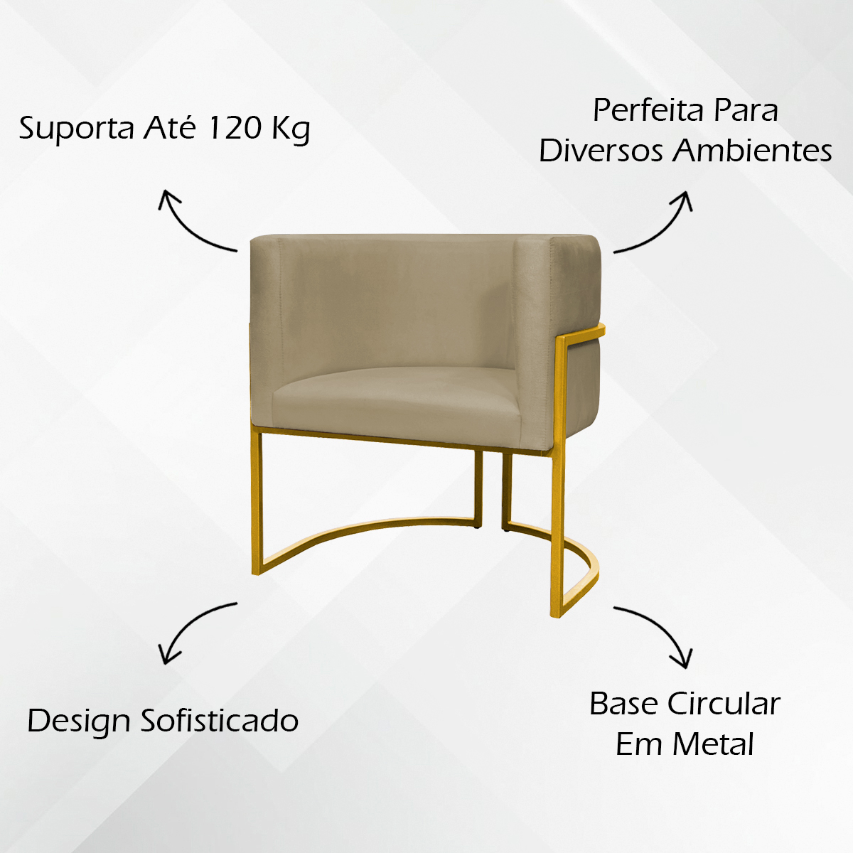 Kit 2 Poltronas Decorativa Para Sala Recepção Manicure Consultório Luna Suede Nude Base de Ferro Dourado