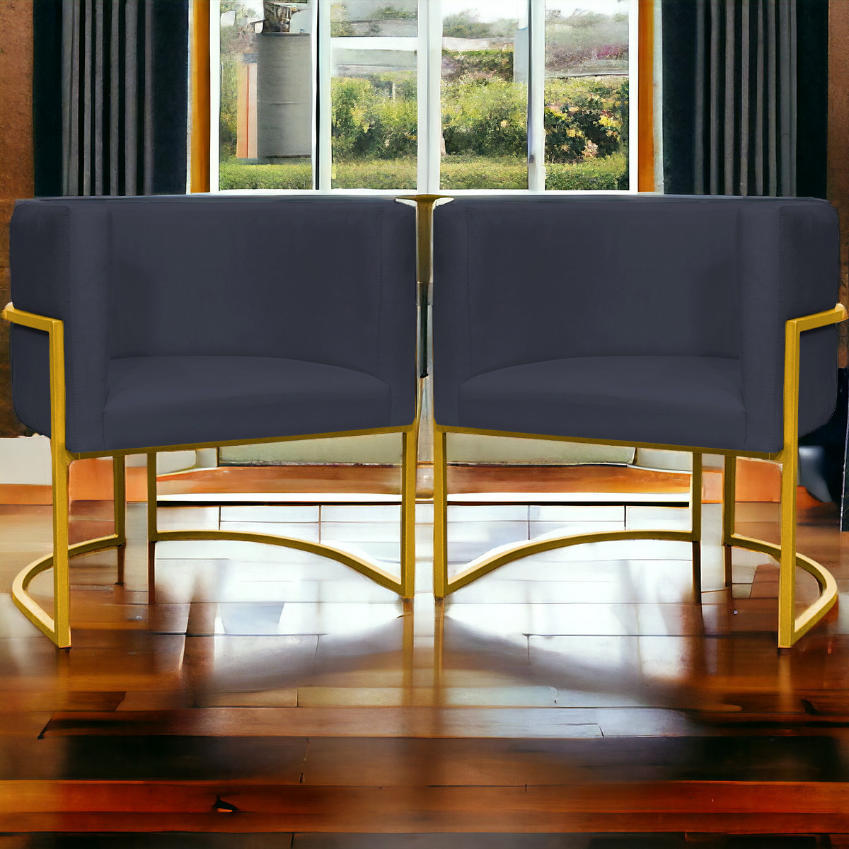 Kit 2 Poltronas Decorativa Para Sala Recepção Manicure Consultório Luna Suede Preto Base de Ferro Dourado