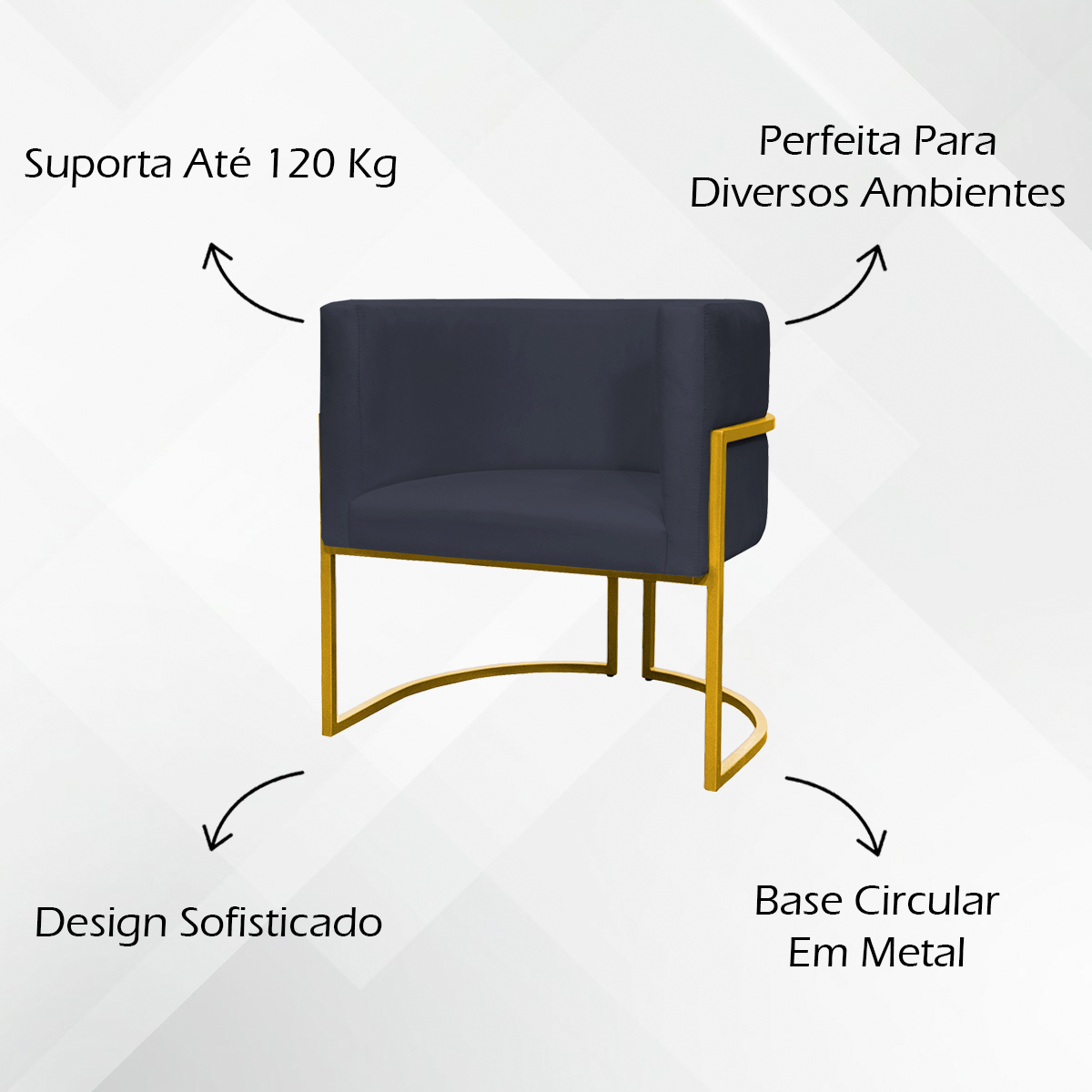Kit 2 Poltronas Decorativa Para Sala Recepção Manicure Consultório Luna Suede Preto Base de Ferro Dourado