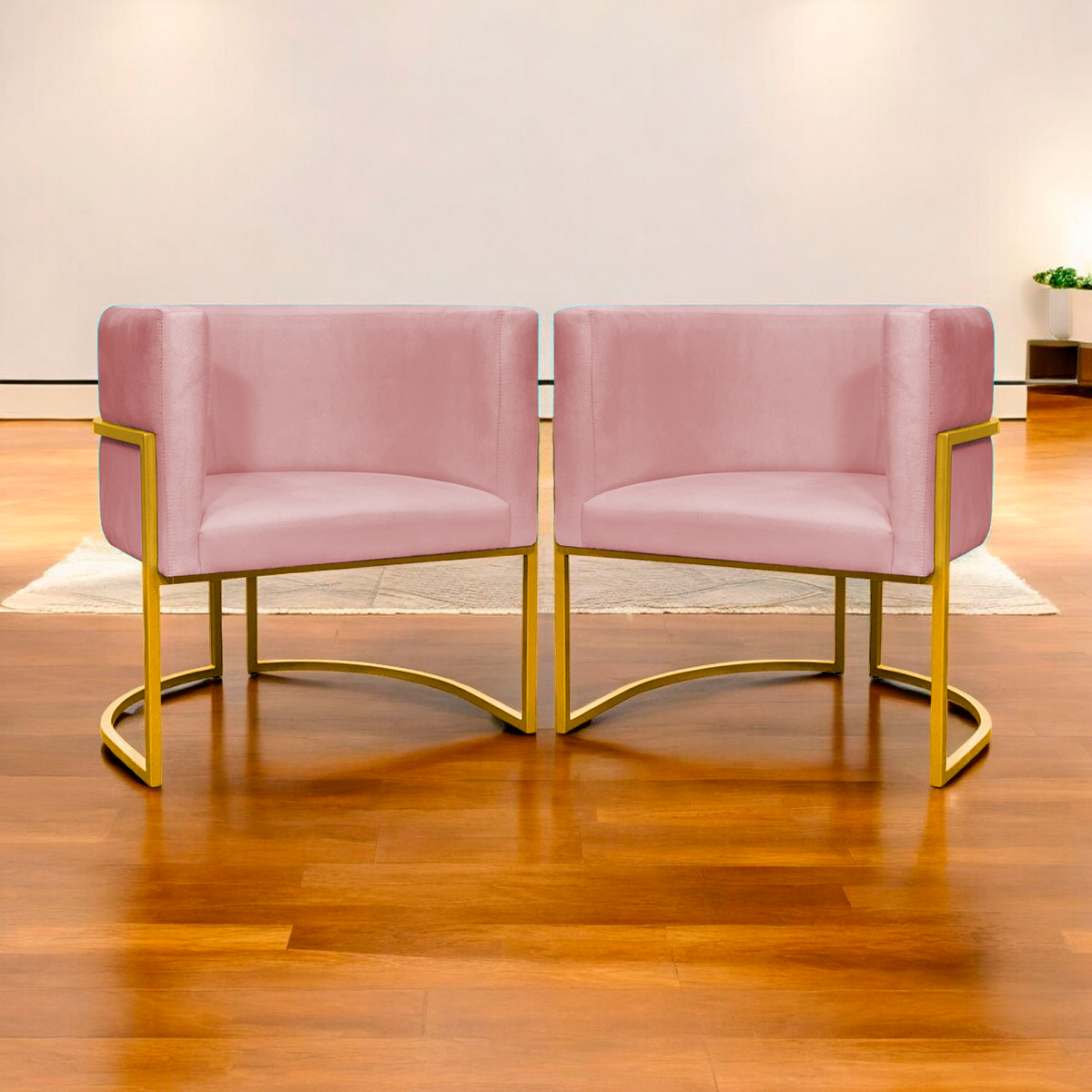 Kit 2 Poltronas Decorativa Para Sala Recepção Manicure Consultório Luna Suede Rose Base de Ferro Dourado